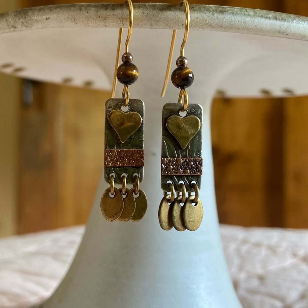 Brass, Copper, & Silver Heart Dangle Earrings